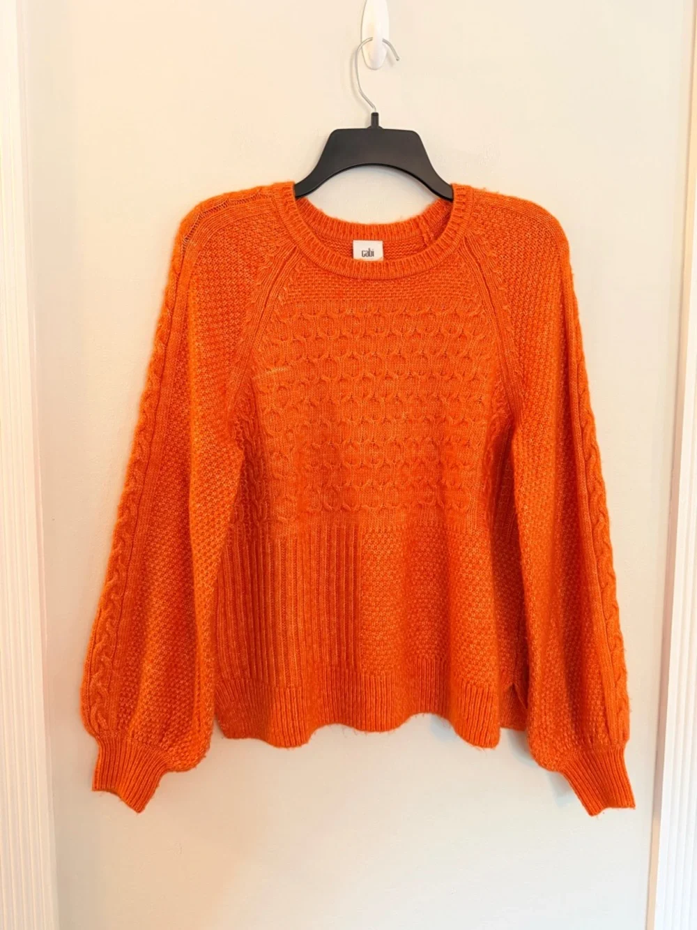CABI #4038 Harvest Pullover Sweater Amber Orange Medium Cable Knit Chunky Sz XS